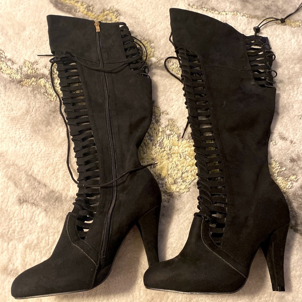 Lane Bryant Black Cutout LaceUp Over Knee Boot